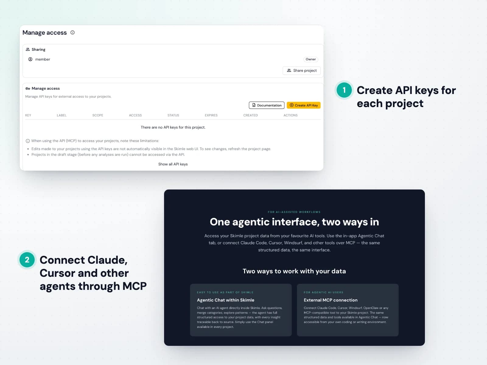 Skimle API keys and MCP connection for driving your project from your own AI tools