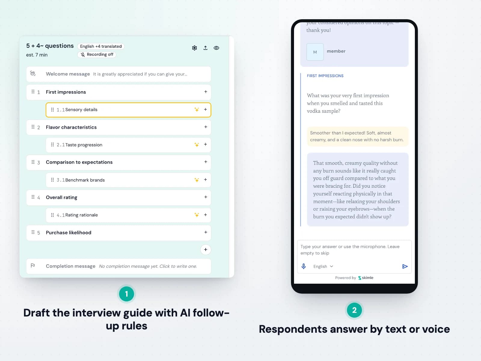 Skimle Ask: an AI interview guide on one side and the respondent view on the other