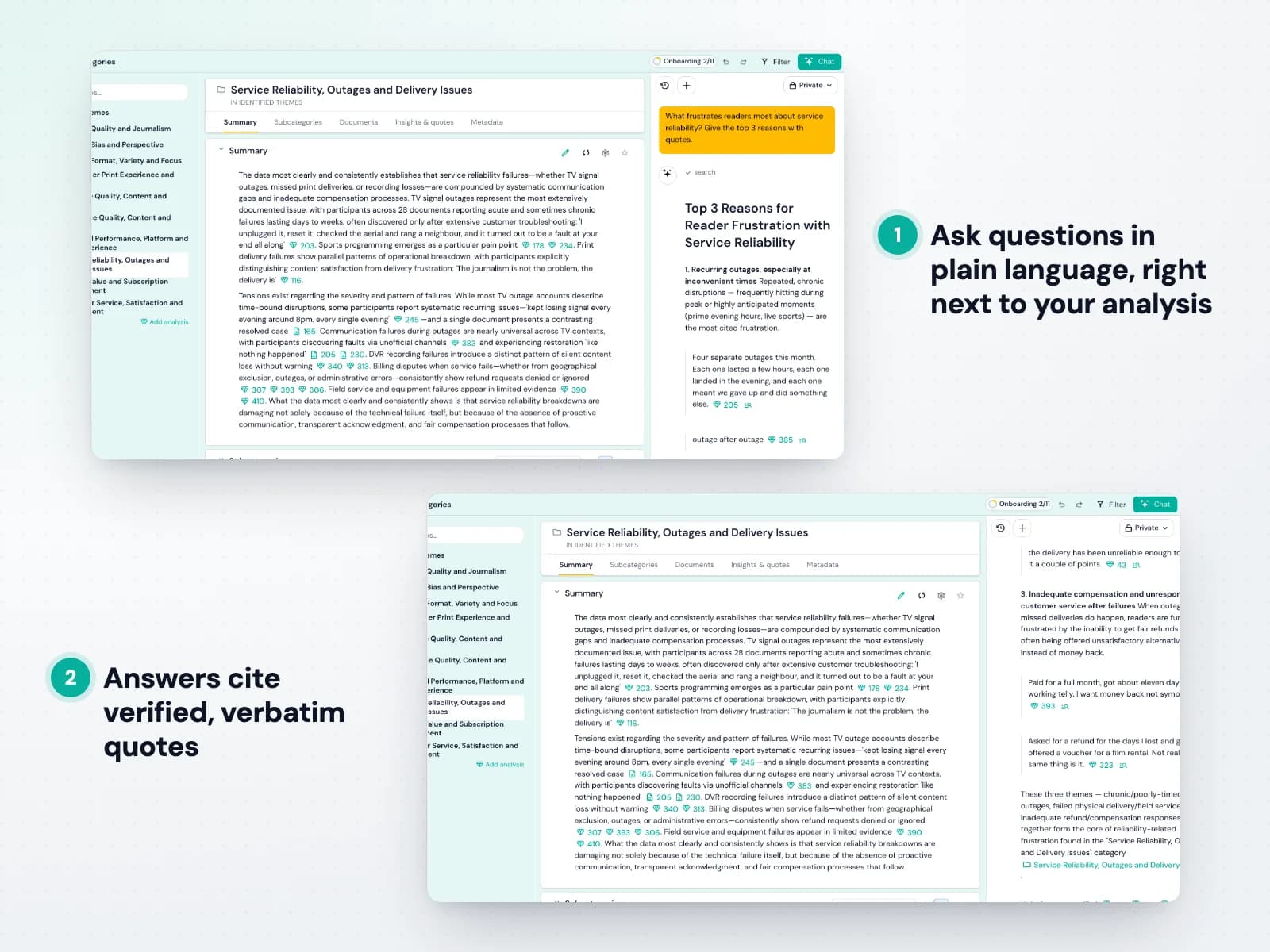Asking the Skimle research assistant a question and its answer with cited quotes