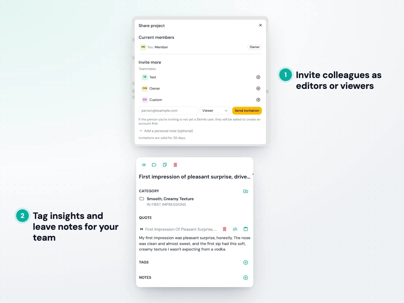 Inviting colleagues to a Skimle project and tagging an insight with notes