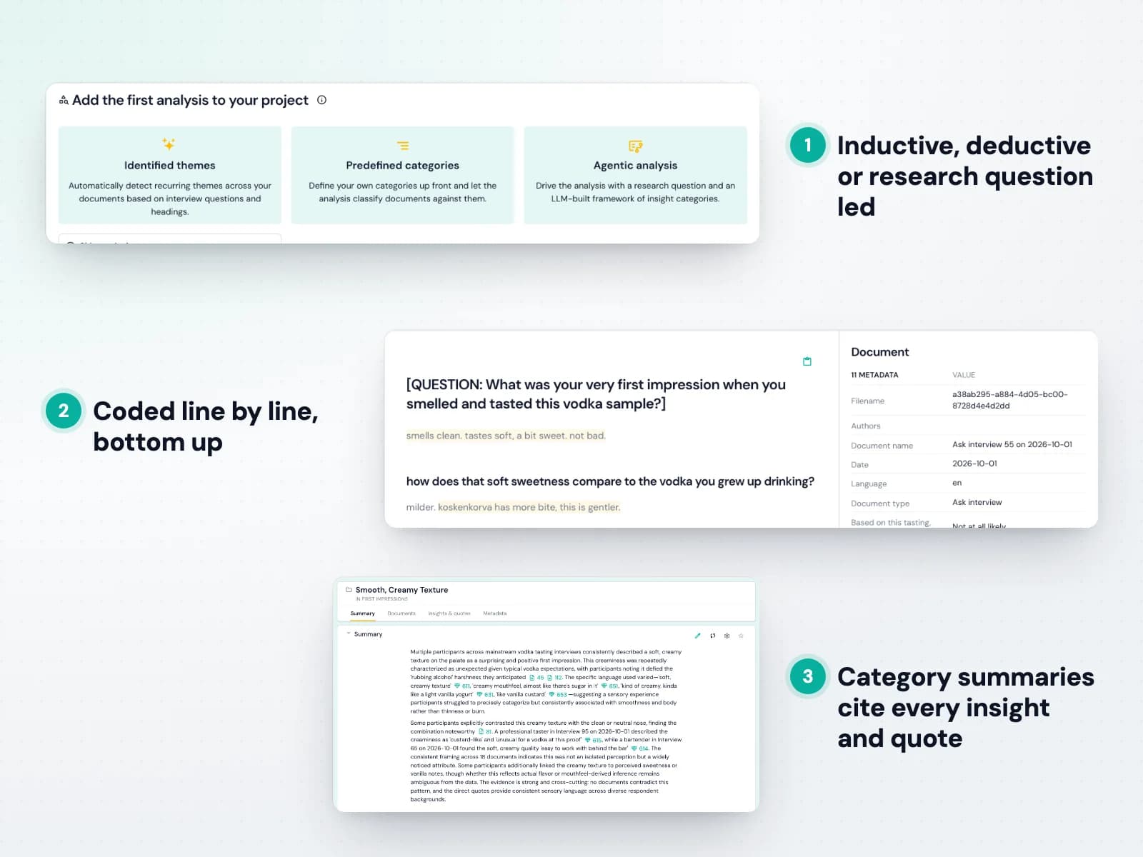 Skimle analysis types: inductive themes, a predefined framework or an agentic analysis driven by your question