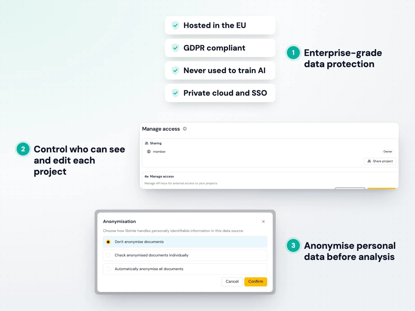 Skimle's data protection commitments, project access settings and anonymisation options