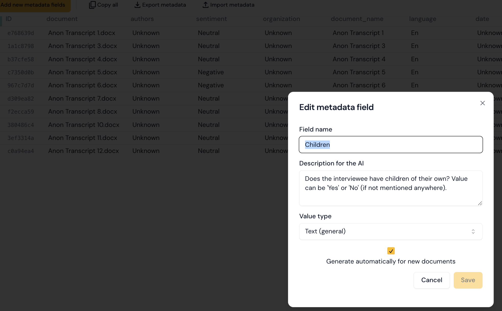 Change metadata field type