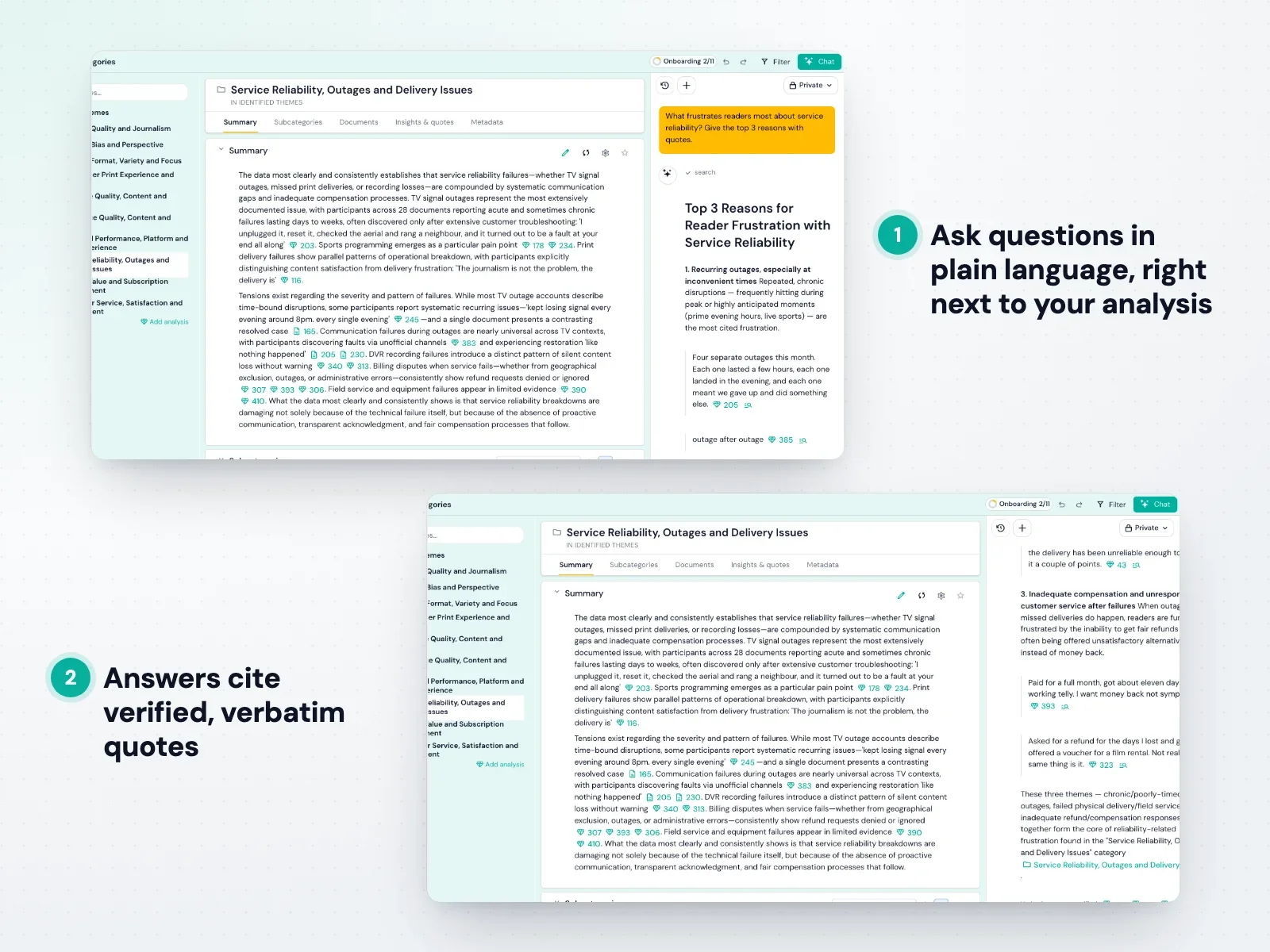 Skimle agentic chat answering a quality-check question about AI insights with cited verbatim quotes
