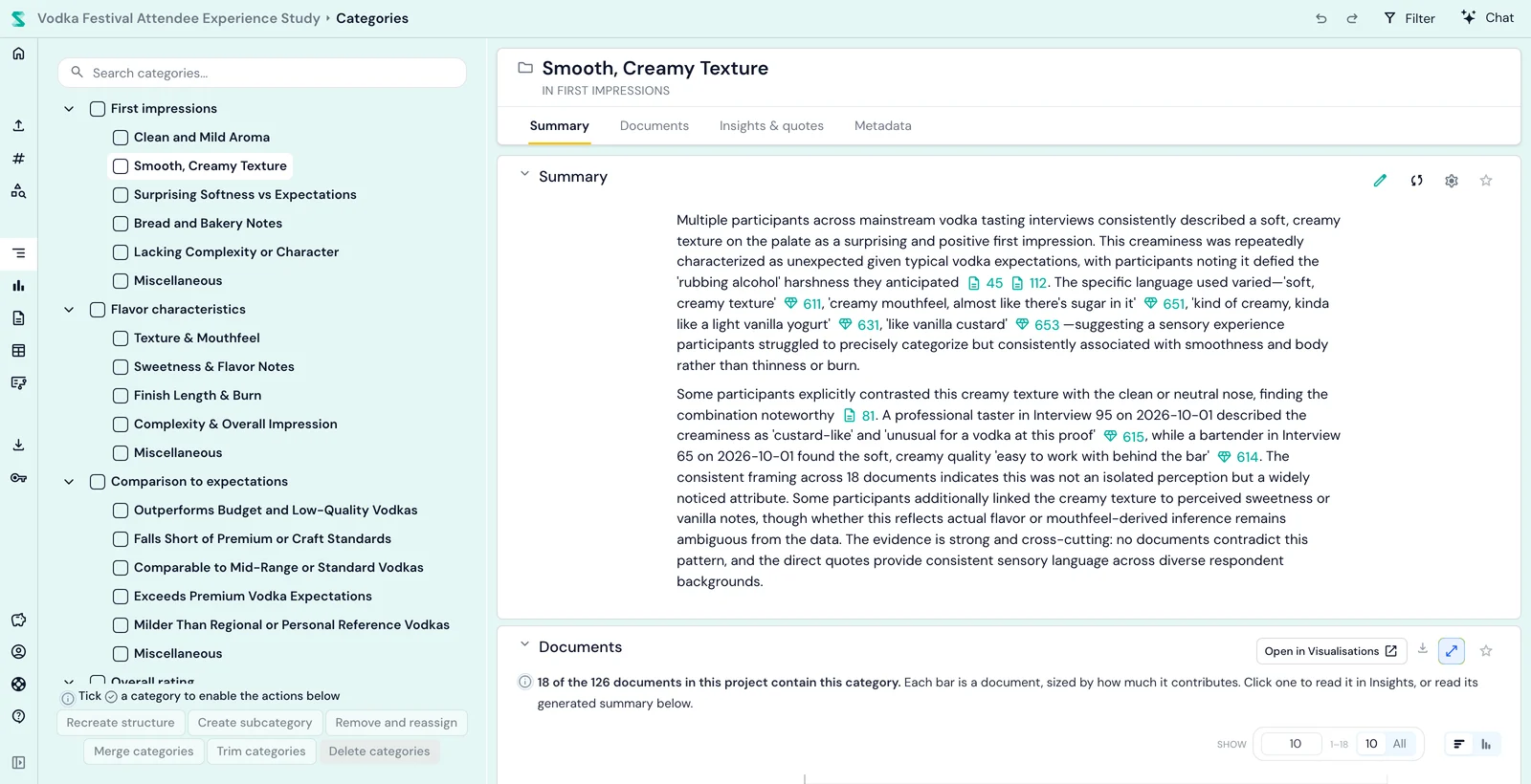 Skimle categories view with an AI summary of an interview theme, each claim linked to the insights and documents behind it