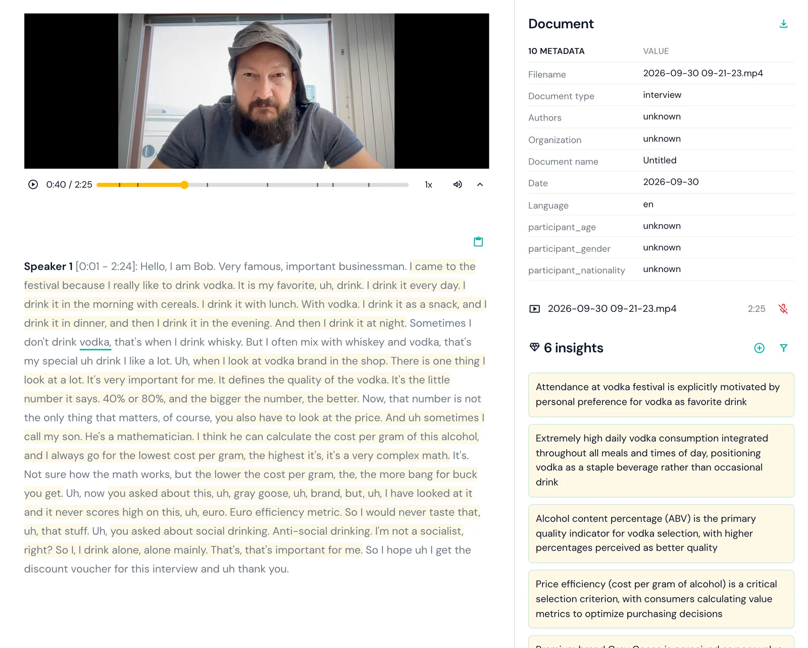 Skimle document view playing an interview recording above its transcript, used to check transcription errors against the audio