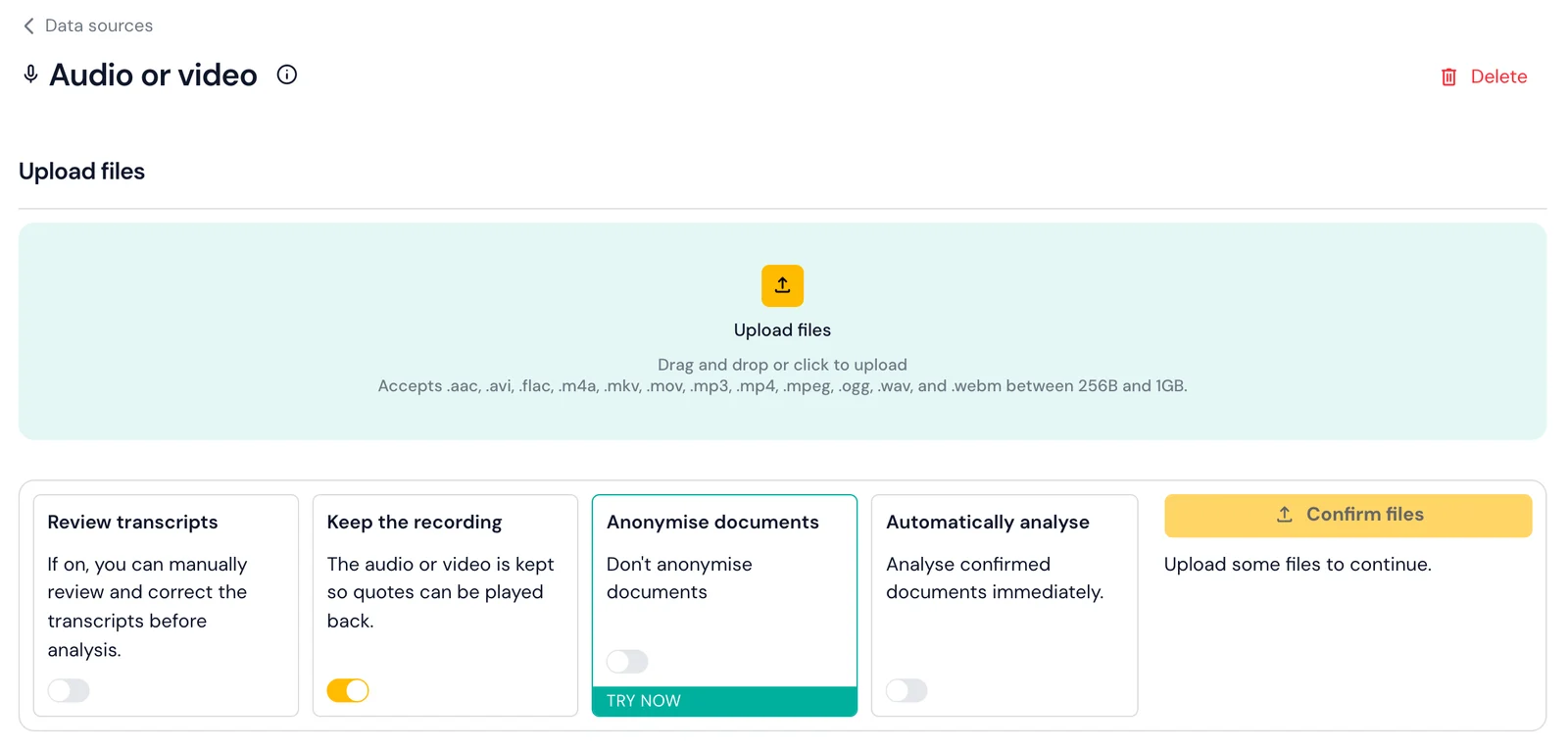 Skimle audio or video upload screen for interview recordings, with options to review transcripts, keep the recording, anonymise and analyse automatically