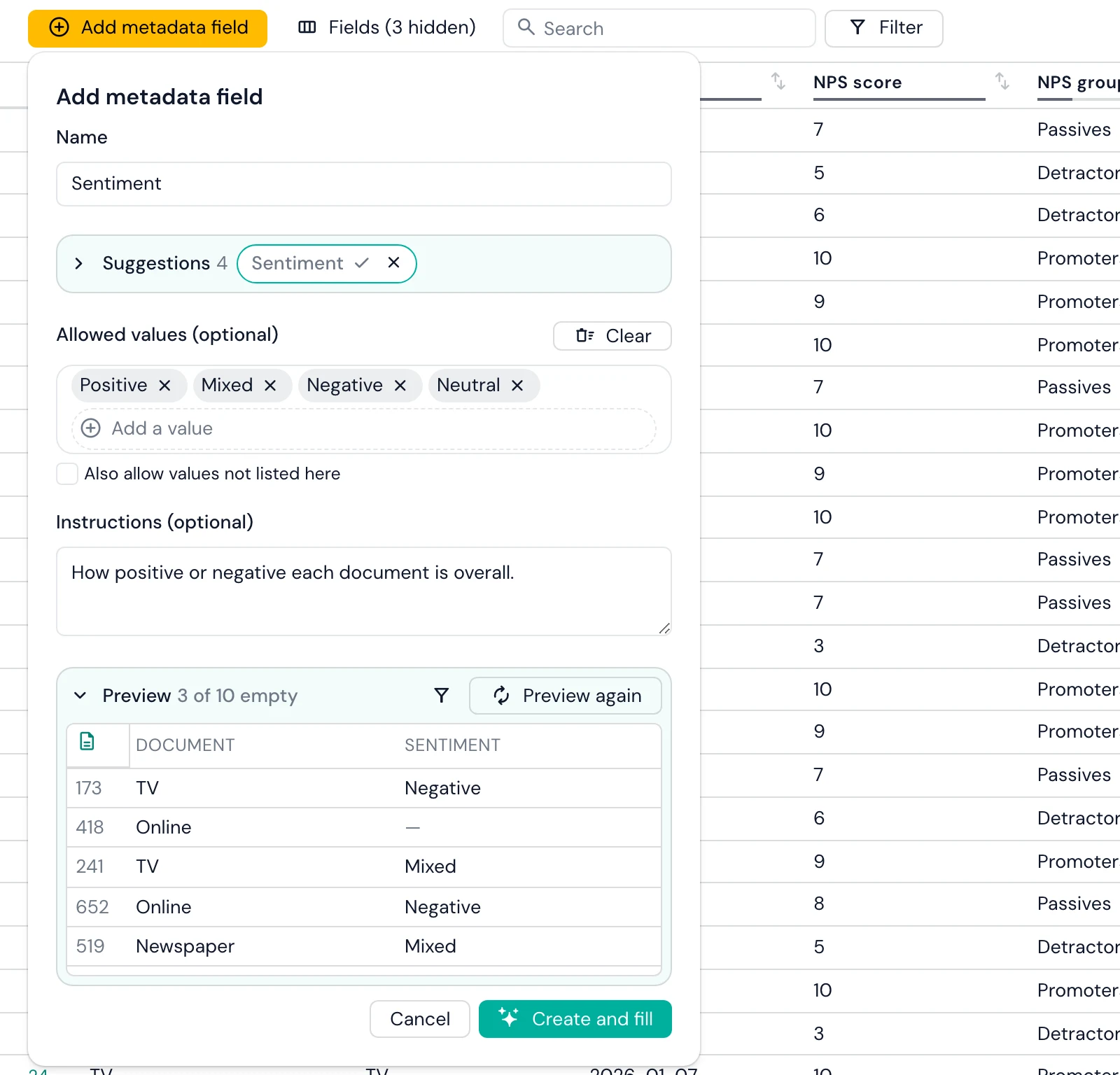 Skimle add metadata field panel with a suggested Sentiment field, allowed values and a preview of values for ten documents