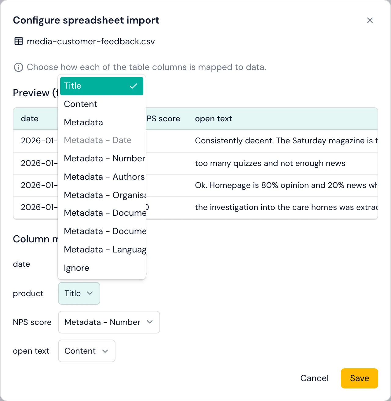 Skimle spreadsheet import dialog mapping CSV columns to metadata variables, with date and NPS score detected automatically