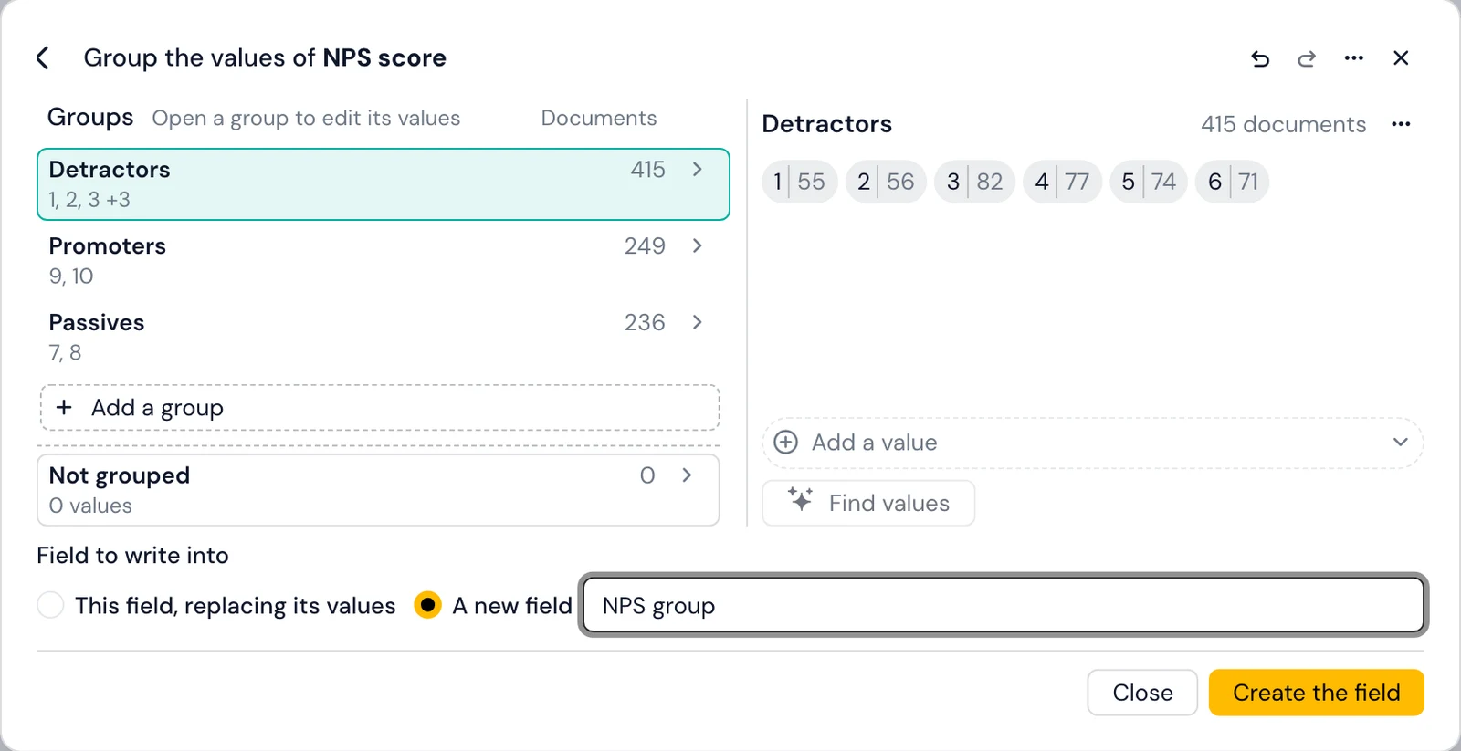 Skimle grouping desk turning NPS scores into Detractors, Passives and Promoters groups written to a new NPS group field