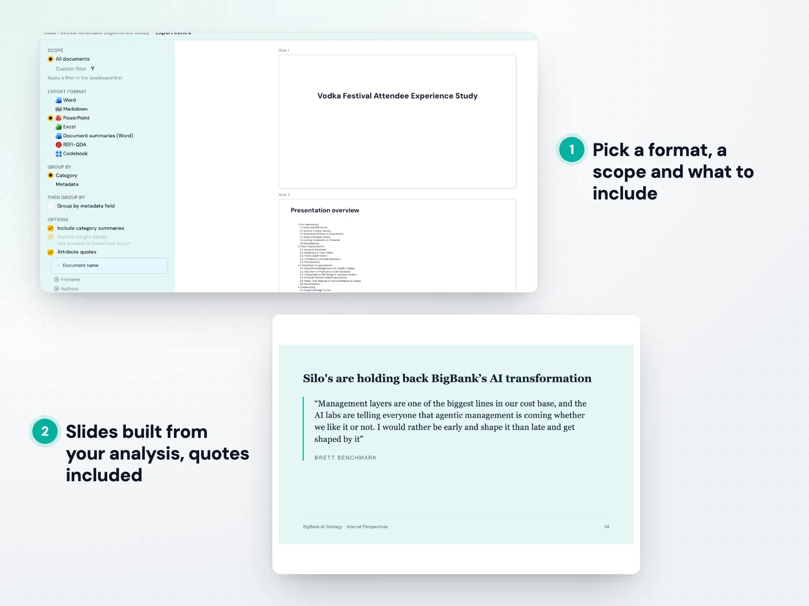 Skimle exporting a qualitative topline report to PowerPoint with theme summaries and supporting quotes