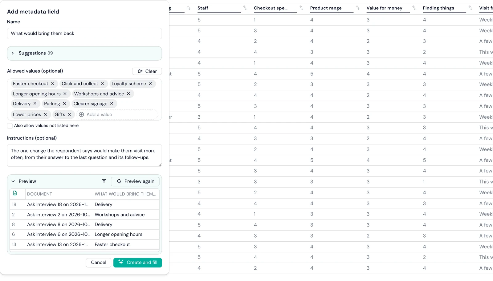 Skimle add metadata field dialog filling What would bring them back from Skimle Ask open answers, with a preview of five responses