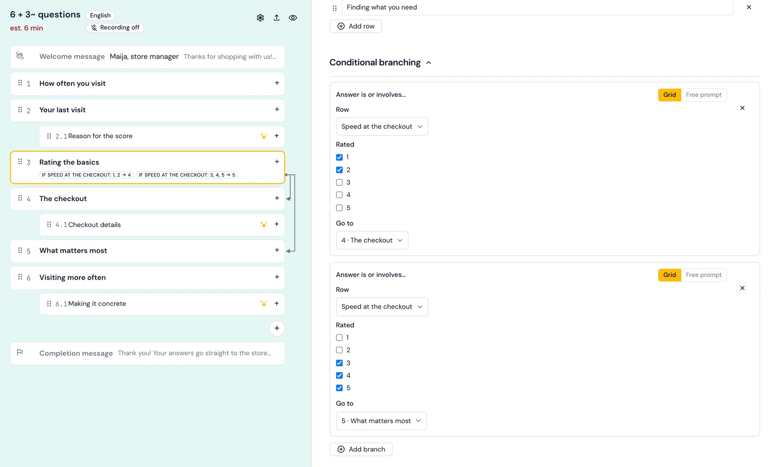 Skimle Ask interview guide editor showing a rating grid question with two branching rules on checkout speed